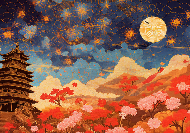 阁楼抽象夜空花开中国风国潮古典中国传统文化背景插画,插画/手绘图,插画/手绘图库,插画/手绘图下载,插画/手绘